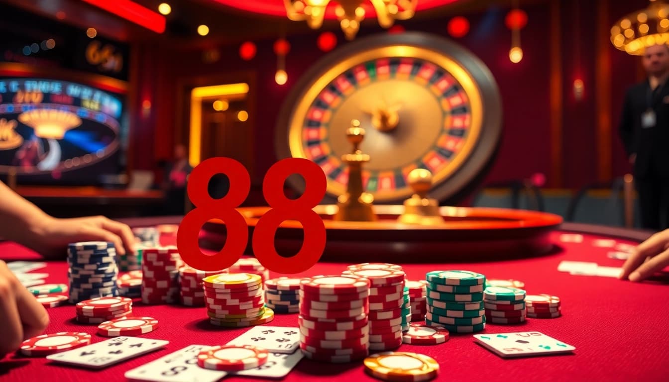 Experience the excitement of 88idd at a luxury casino table with vibrant poker chips and cards.