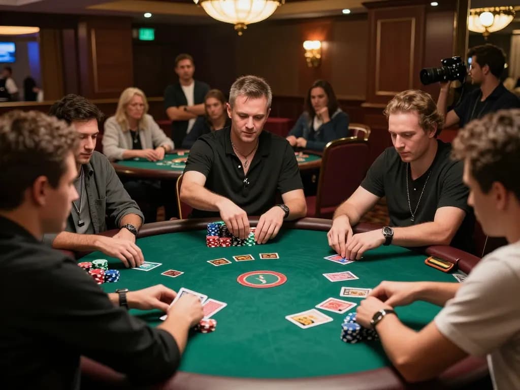 Players strategizing in an engaging g28-t1 poker game at a luxurious casino table, vibrant atmosphere.