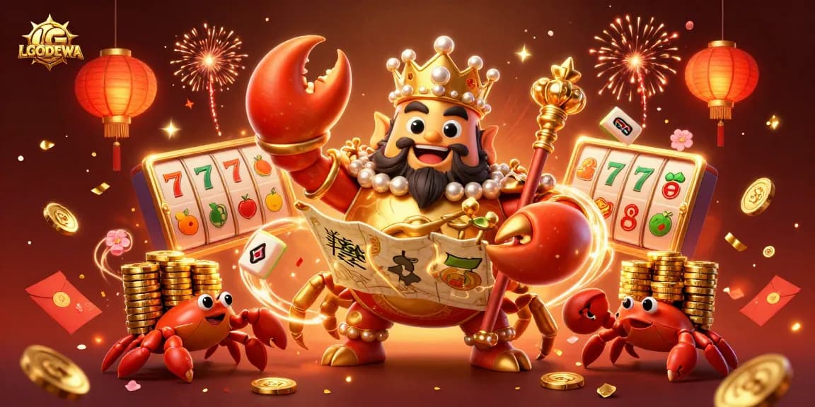 Join the LGODEWA adventure with a golden crab emperor in a vibrant casino world!
