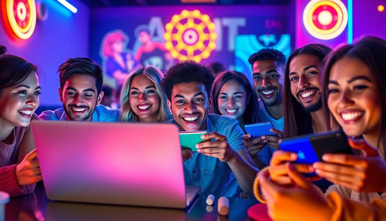 Engaging scene of players enjoying free porn games on multiple devices in a vibrant gaming lounge.