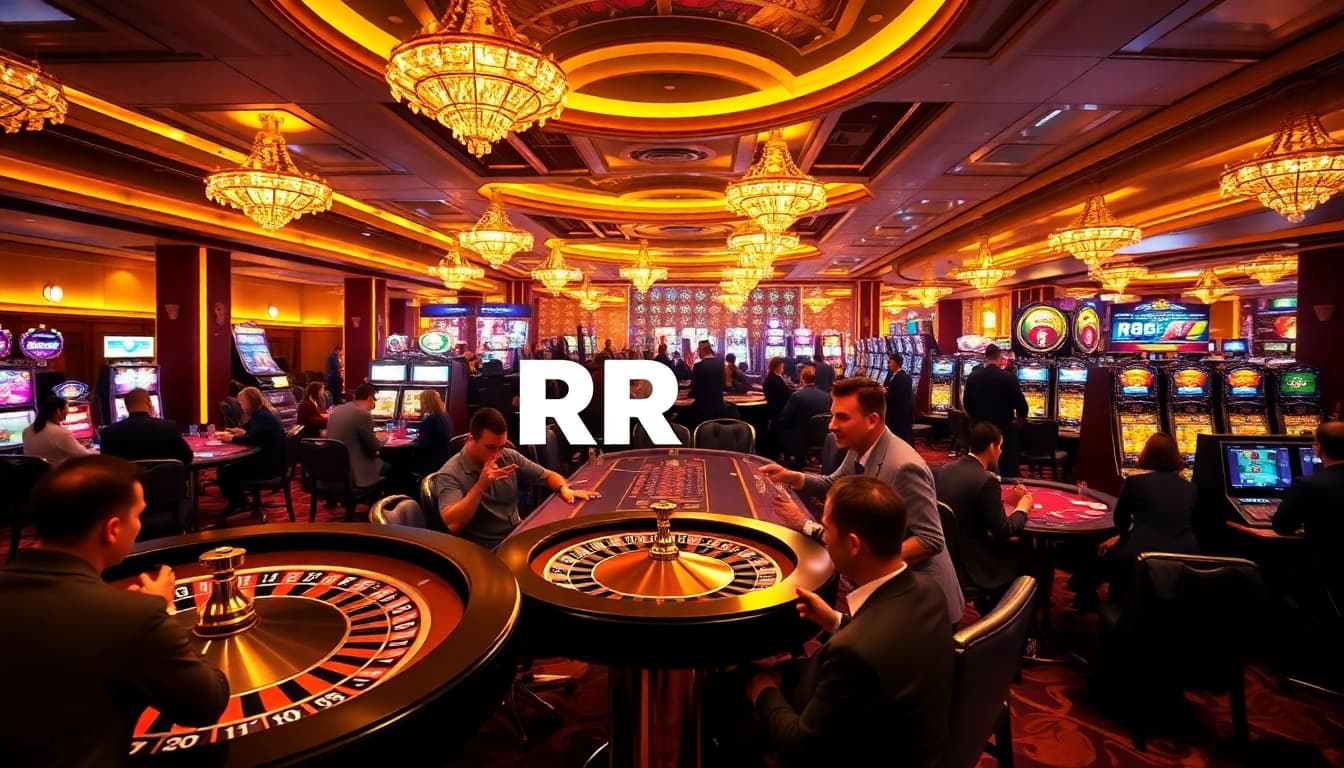 RR88 enhances the gaming experience with players at vibrant casino tables and exciting slot machines.