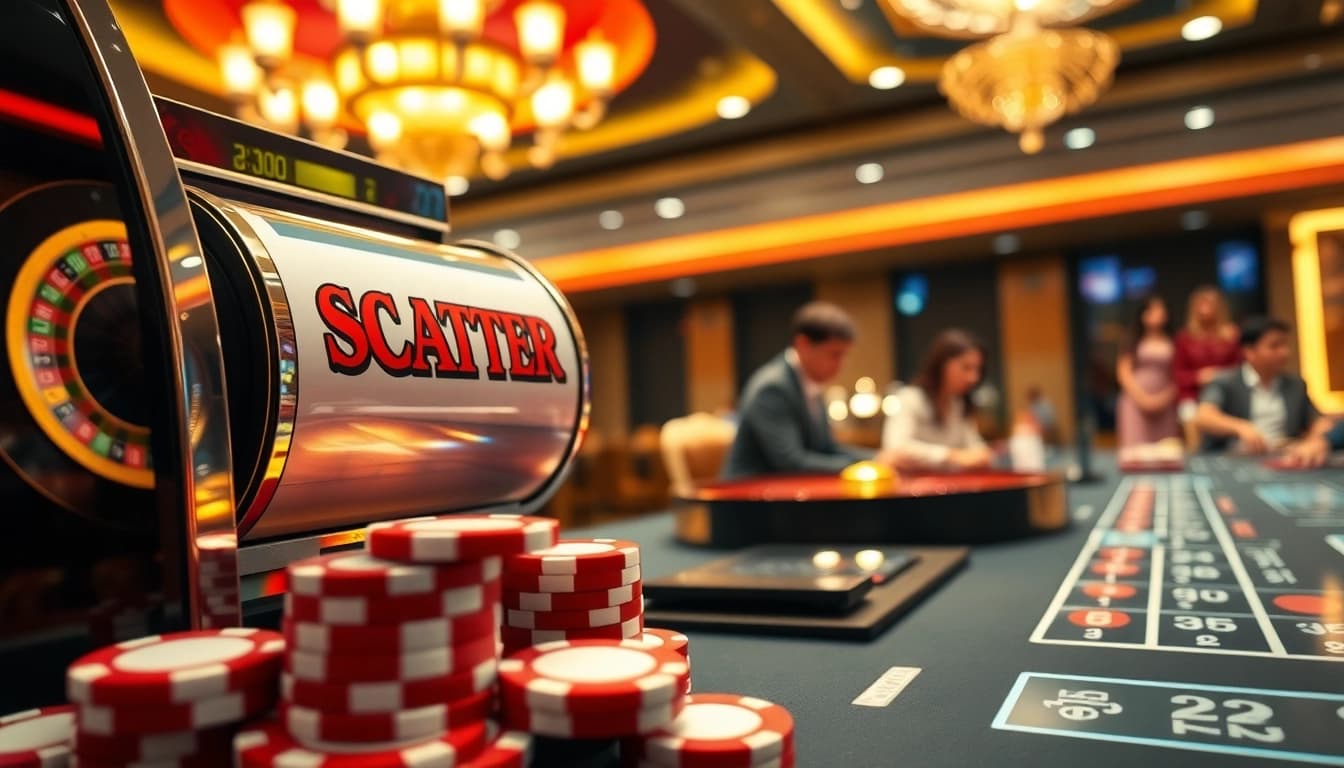Engage with scatter hitam symbol on a modern slot machine amidst vibrant casino excitement.
