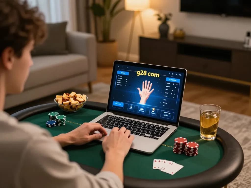 Player engaging in online poker at g28 com with warm lighting, strategic atmosphere, lifestyle integration.