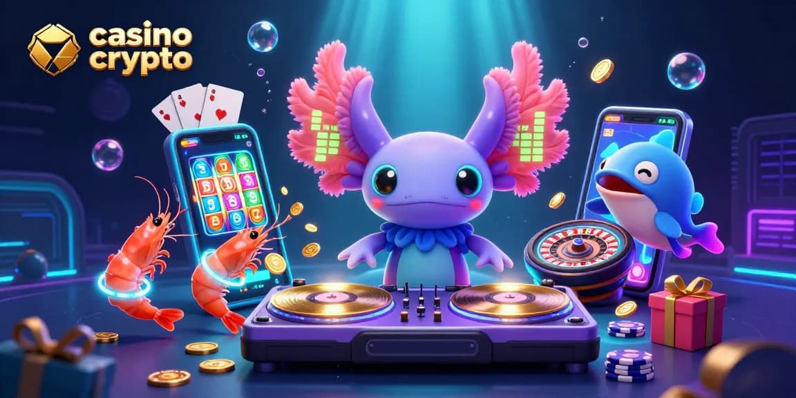 Giocatori che esplorano un casinò crypto, con avvincenti giochi di slot e colori vivaci.