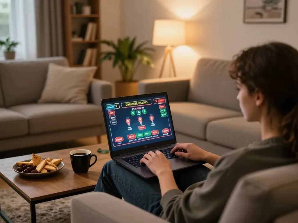 Engage in strategic online gaming at TR88 with cozy home setup, showcasing laptop gameplay and thoughtful planning.