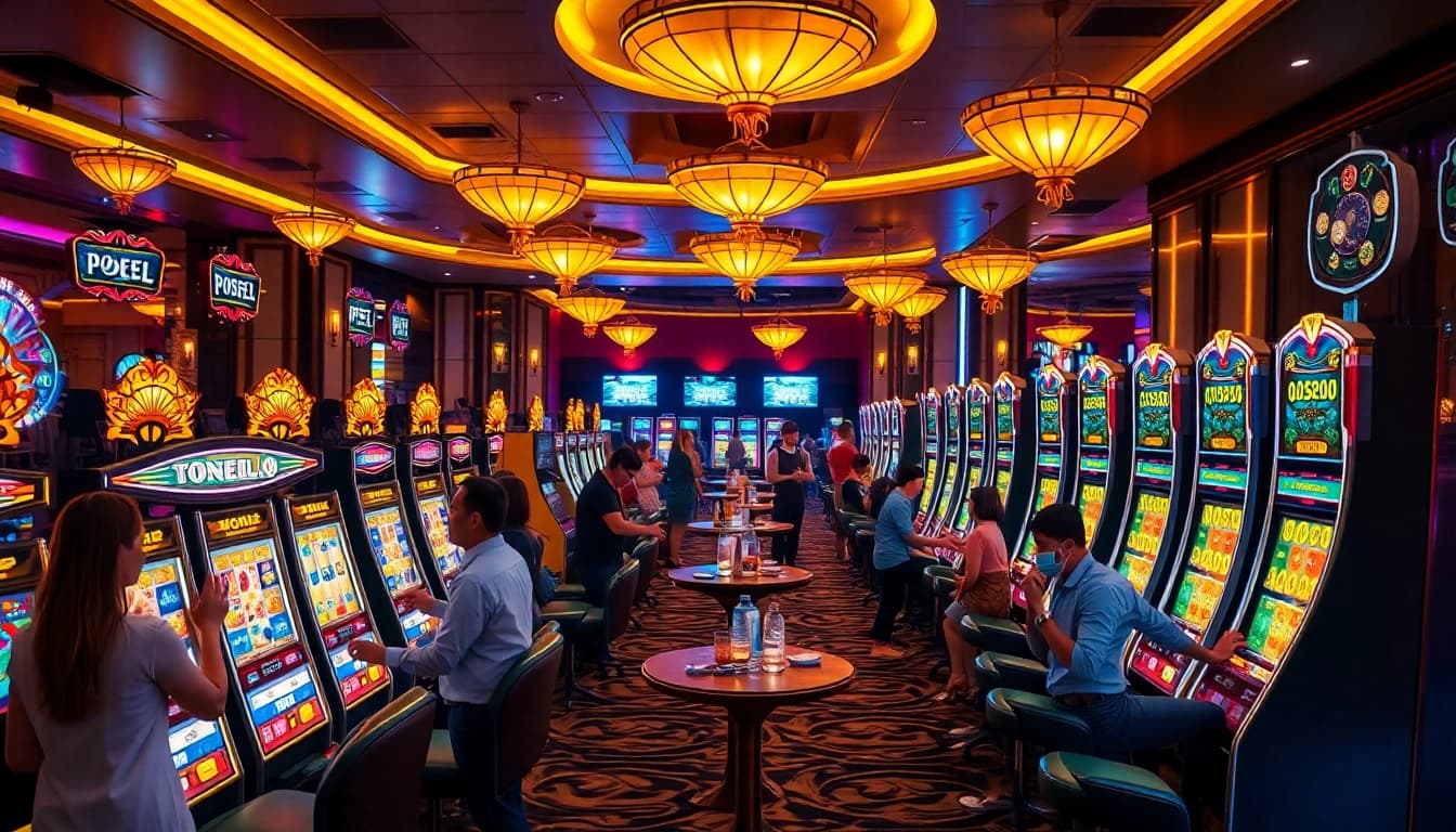 Adegan yang menarik saat para pemain menikmati mesin slot togel di lingkungan kasino yang meriah.