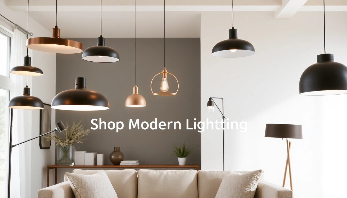 Shop ModernLighting elegant fixtures illuminating a contemporary living room.