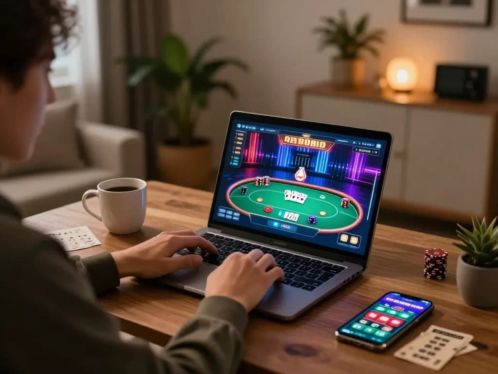 Player enjoying online casino gaming on tr88 com with vibrant poker interface and cozy home setup.