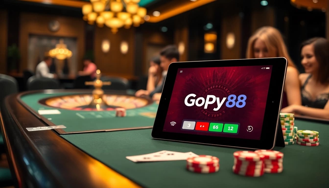 Gopay88 Daftar interface displayed on a casino table with poker chips and a roulette wheel.