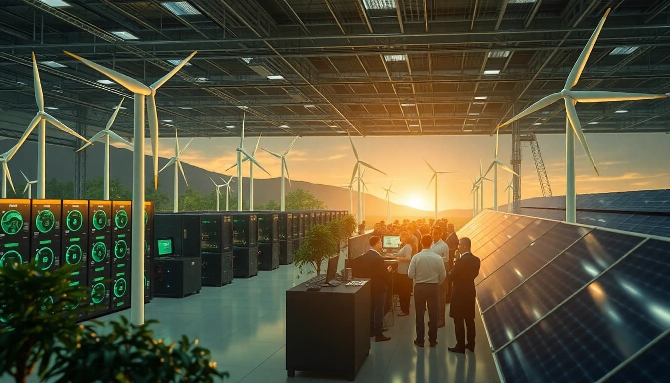 Scene depicting the future of cluod mining with renewable energy sources, showcasing a modern facility.