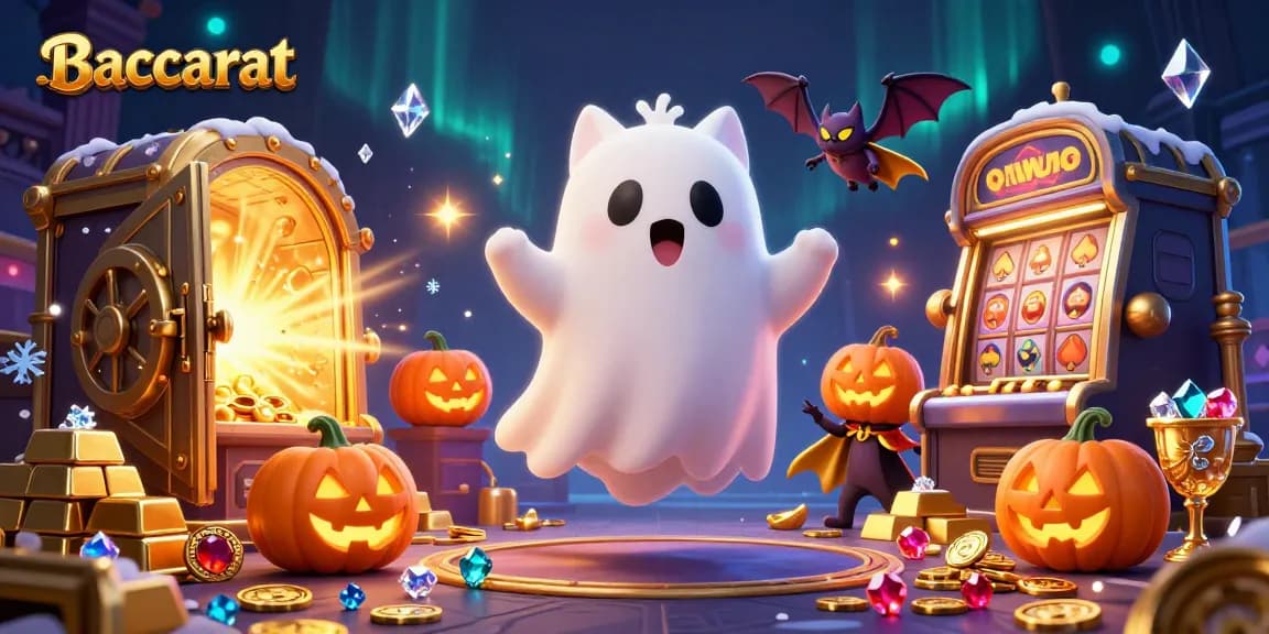Baccarat players engage with a ghost cat and bat in a lively casino environment filled with treasures.