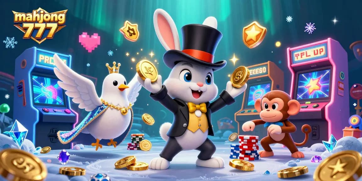 Win big with mahjong 777, where a magician rabbit, dove, and monkey celebrate a glowing casino scene.