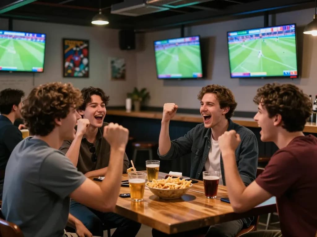 Friends enjoying sports betting excitement at a lively bar, cheering for kèo nhà cái.