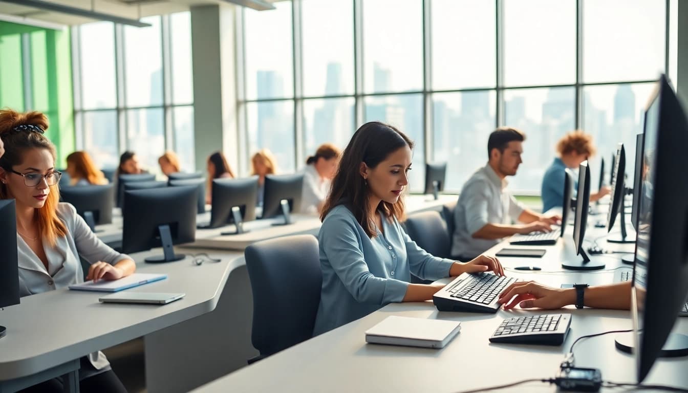 Engaged users at a typing center focusing on their work in a bright environment.