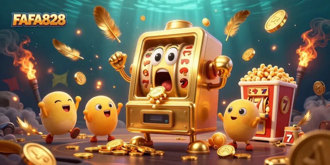 Spin for jackpots with FAFA828's golden slot machine amidst cheering companions and vibrant casino elements.
