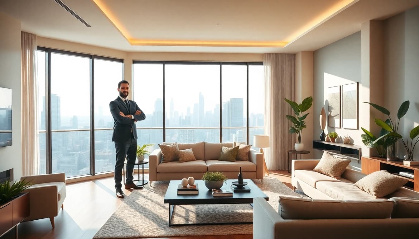 Real Estate agent presenting a luxury home in a modern urban setting with a city skyline view.