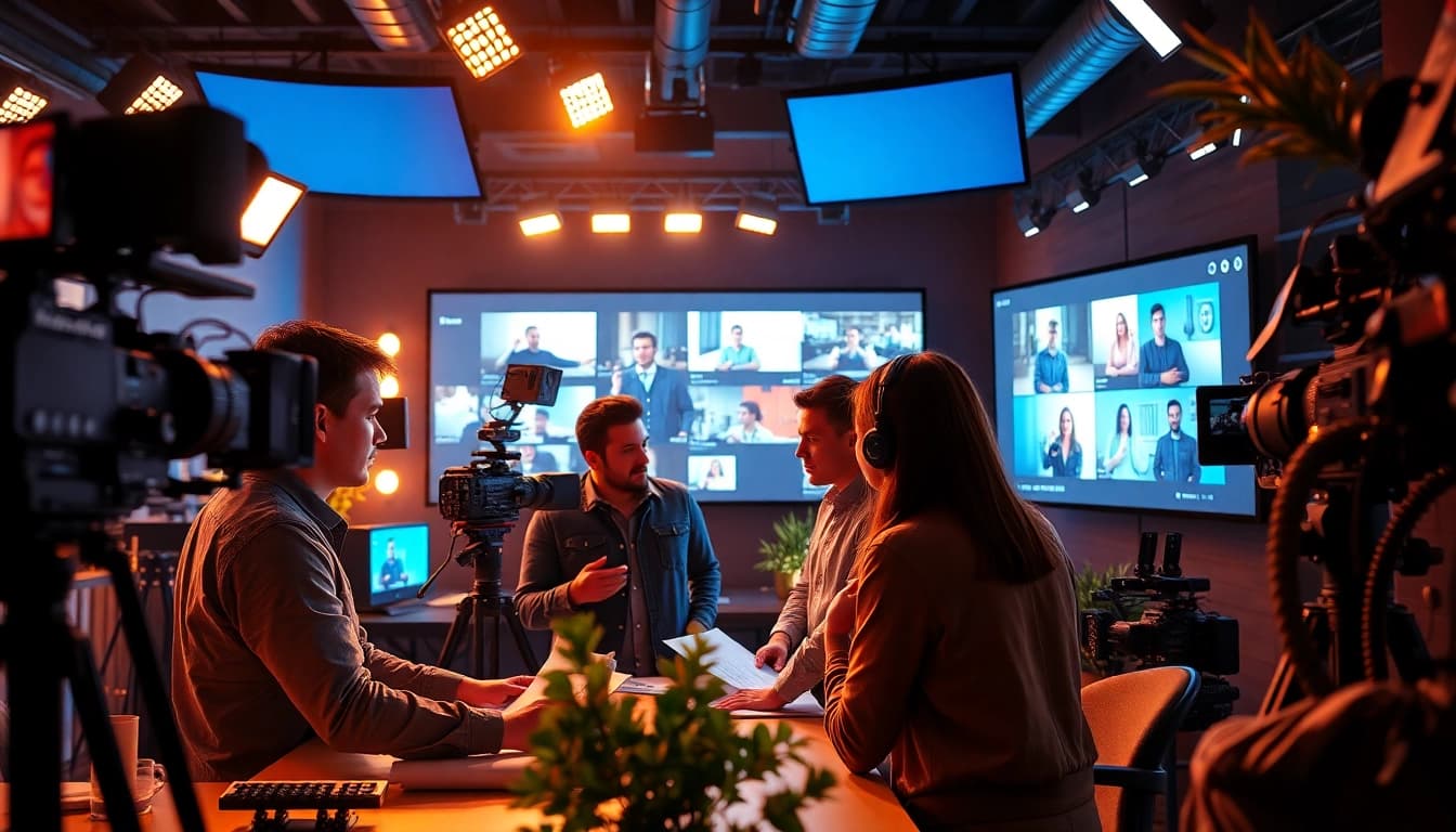 Showcasing a Creative Video Production Agency team collaborating in a vibrant studio setting.