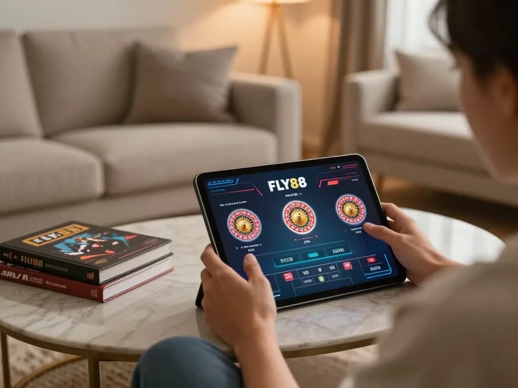 Engaged player enjoying FLY88 on a tablet, immersed in an online roulette game.