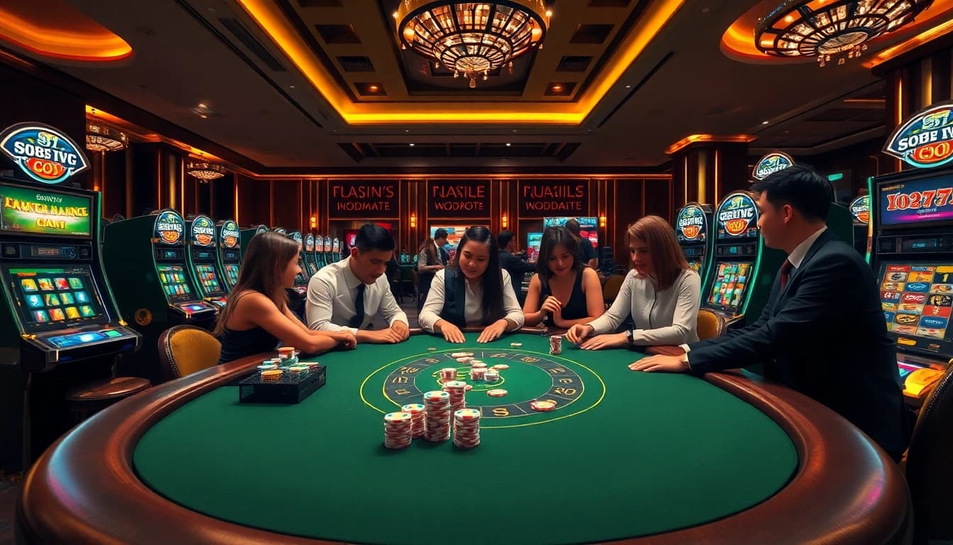 Players enjoying a thrilling game experience at S88VIP casino, featuring vibrant tables and luxurious decor.