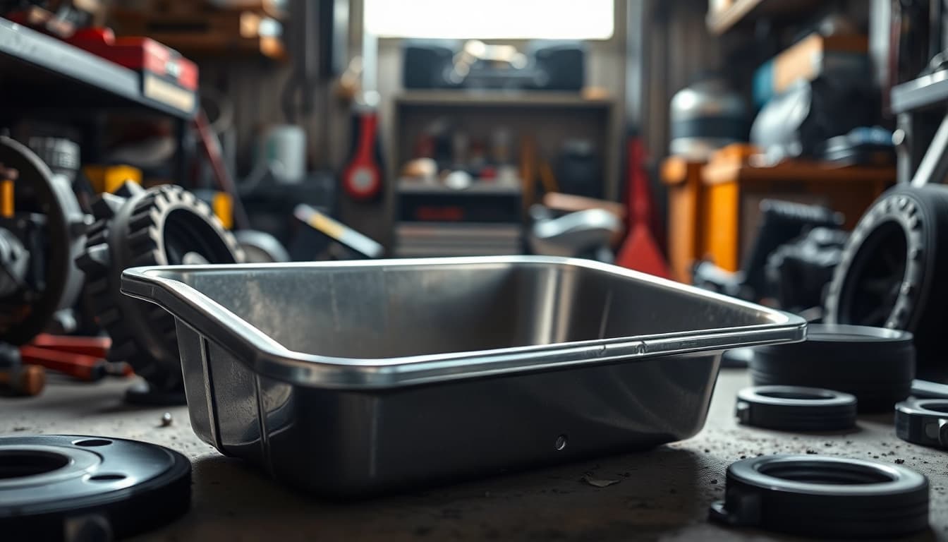 Oil Drain Pan positioned prominently, showcasing its shiny surface and practical design in an automotive workshop.