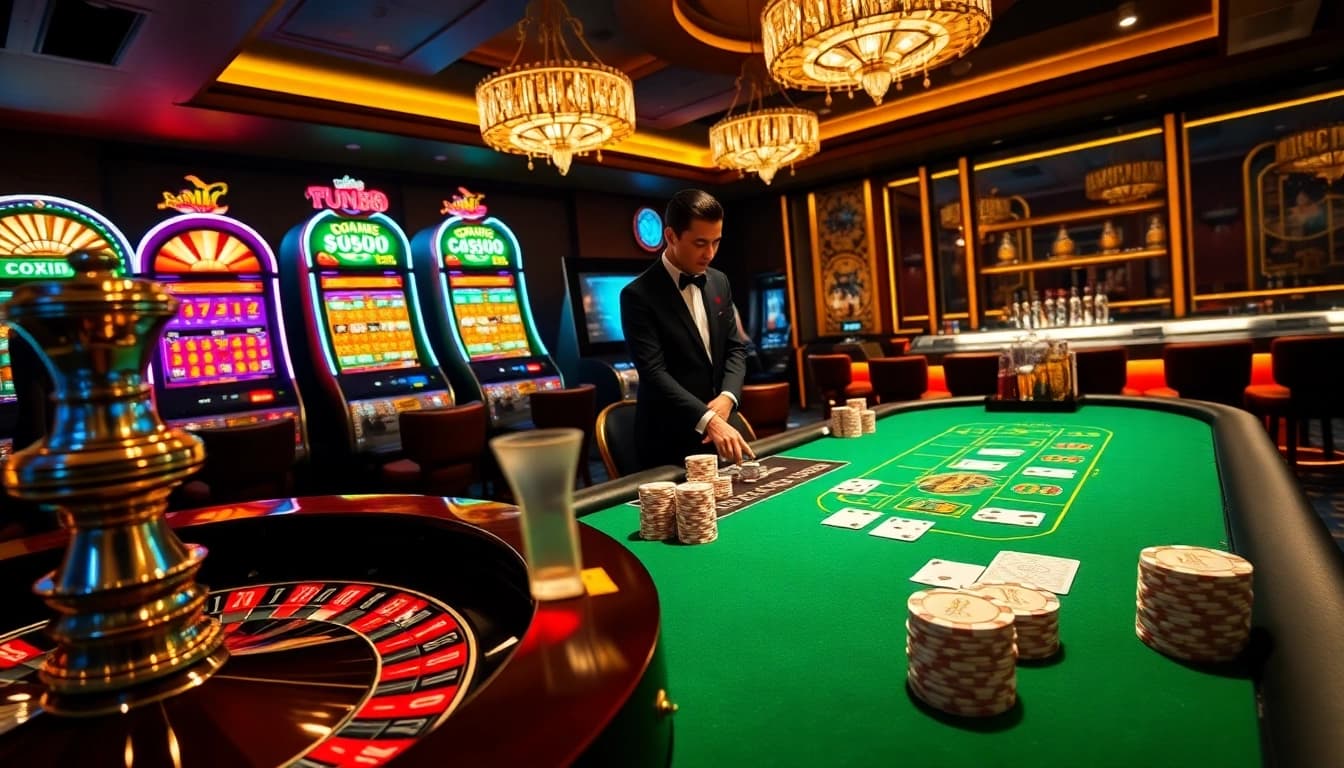 Exciting Fun88 casino scene with roulette wheel, poker table, and vibrant slot machines.