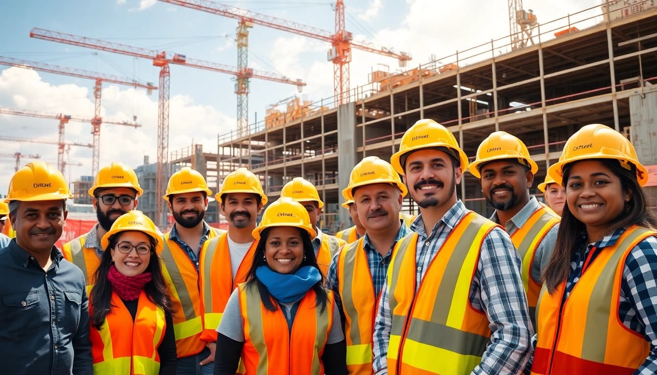 Austin construction site showcasing diverse workers collaborating on a building project.