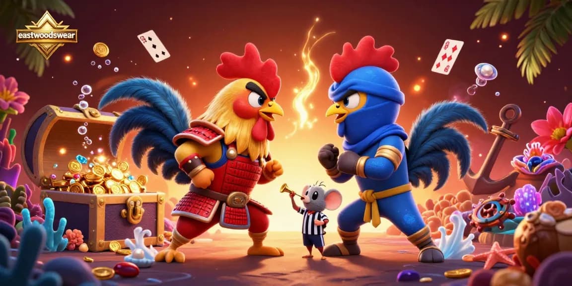 eastwoodswear menghadirkan ilustrasi kasino dengan ayam jantan berkelahi dan barang berharga yang meledak.