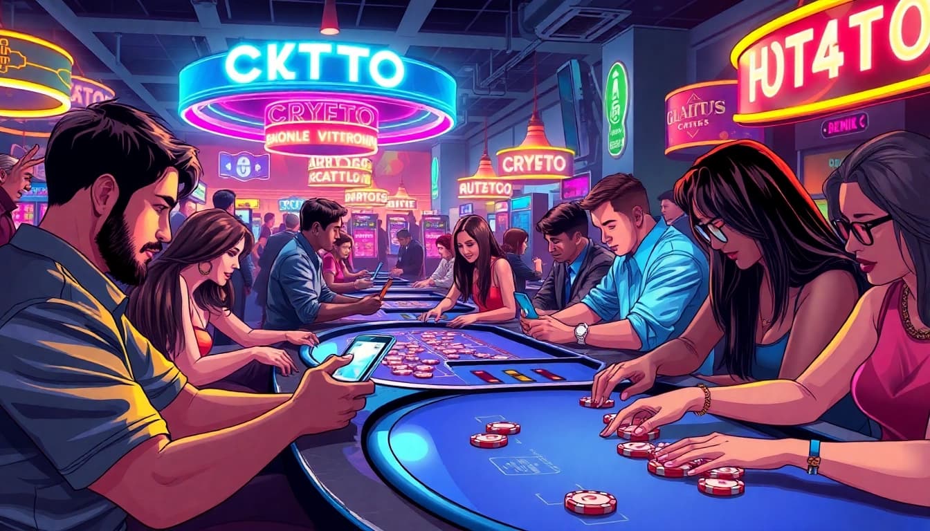 Learn what is crypto casino with a lively illustration of players engaged in gaming.