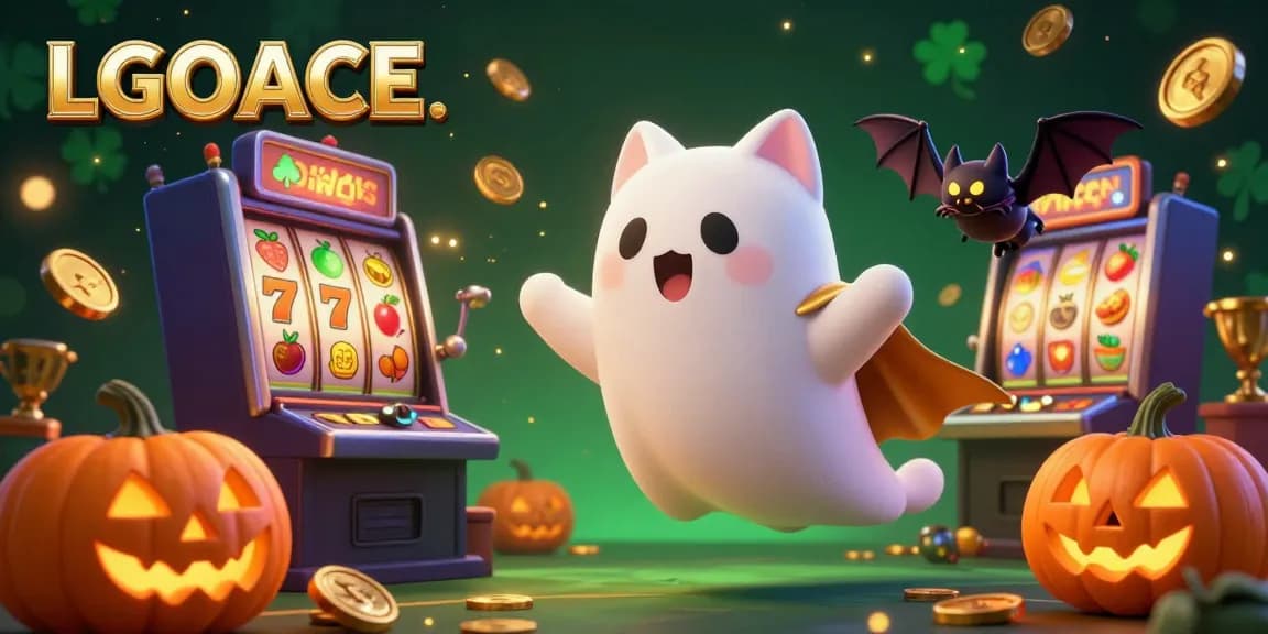 LGOACE haunted casino scene with a friendly ghost cat and vampire bat amidst colorful slot machines and glowing jackpots.