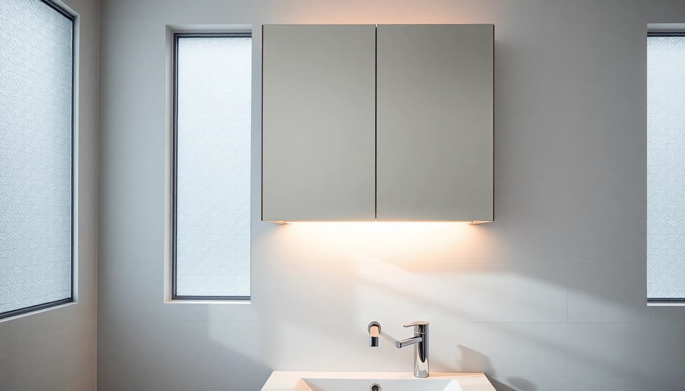 Explore a stylish bathroom cabinet with mirror and light in a bright, elegant bathroom setting.