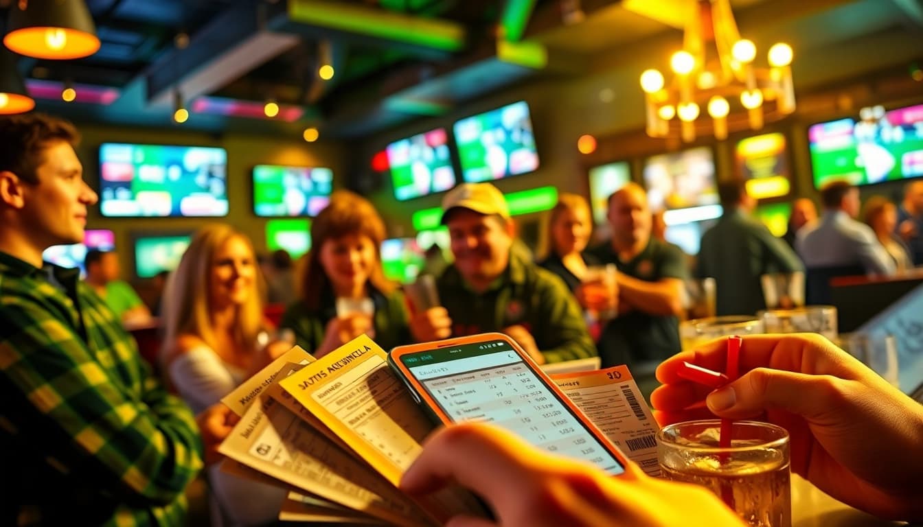 Engaged fans participating in South Carolina sports betting in a lively sports bar.