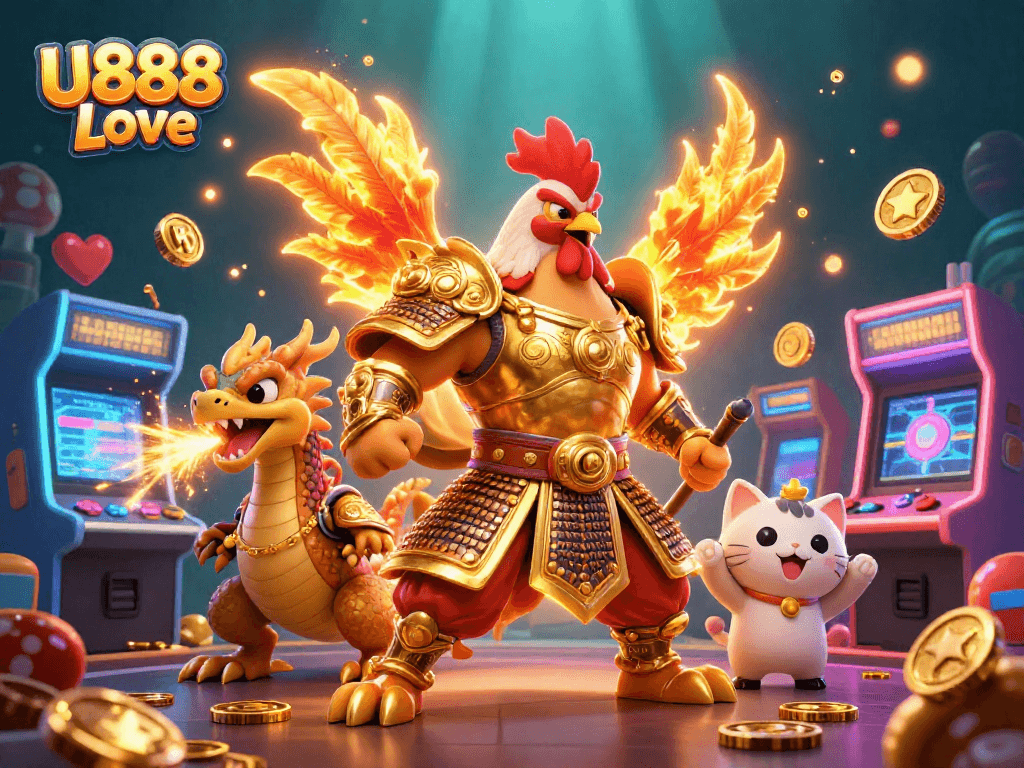Spin the reels with U888 Love in a vibrant 3D casino scene featuring dynamic game elements.
