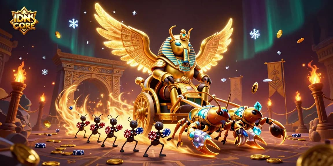 IDNSCORE showcases a colossal scarab beetle in pharaoh armor dominating a casino chariot scene with scorpions and poker chips.