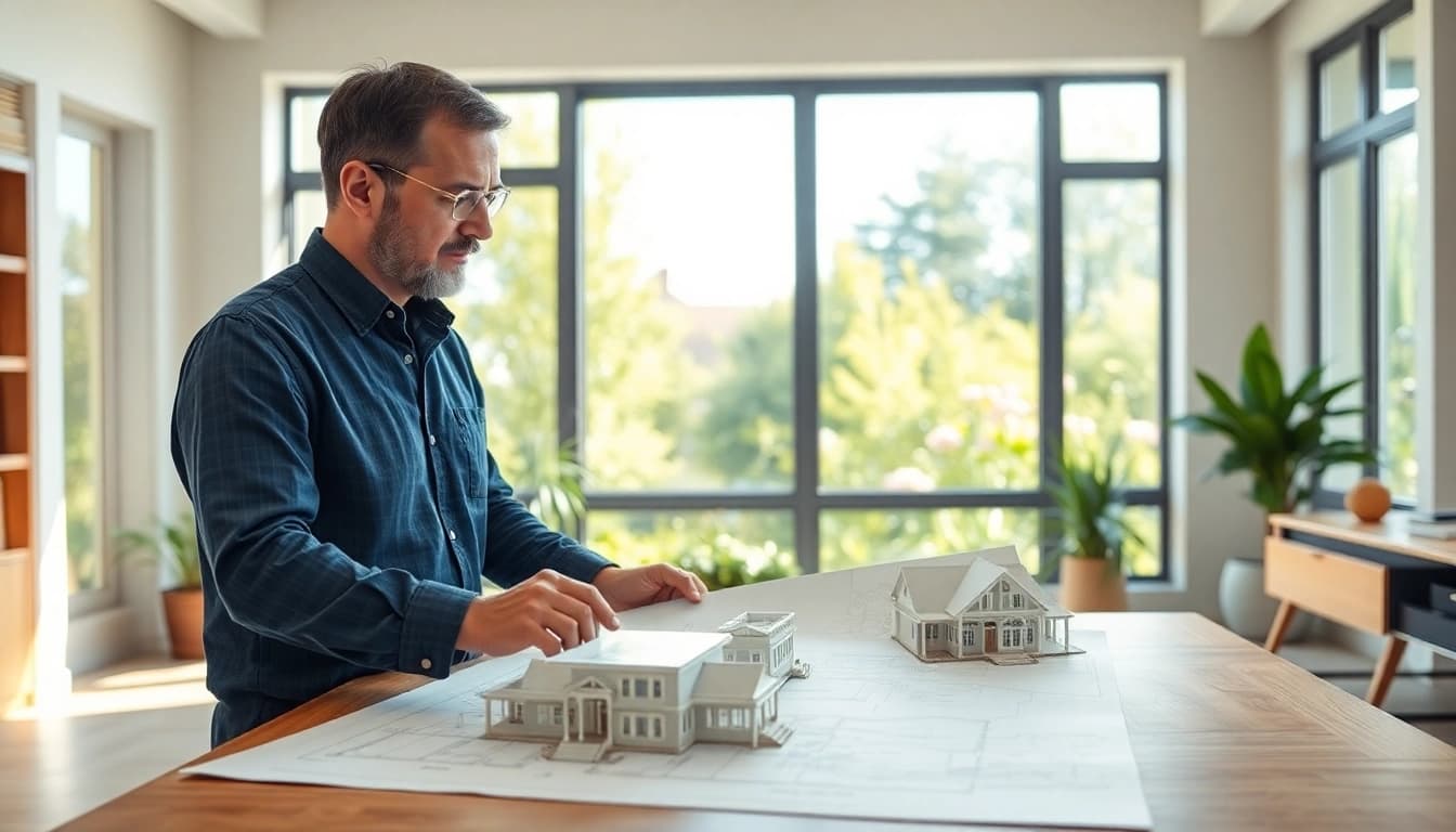 New England residential architect analyzing blueprints in a bright workspace with garden views.