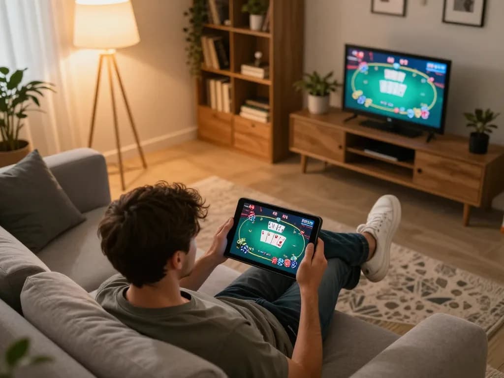 Engaging player using mb88-bm tablet for online poker in a cozy home setting