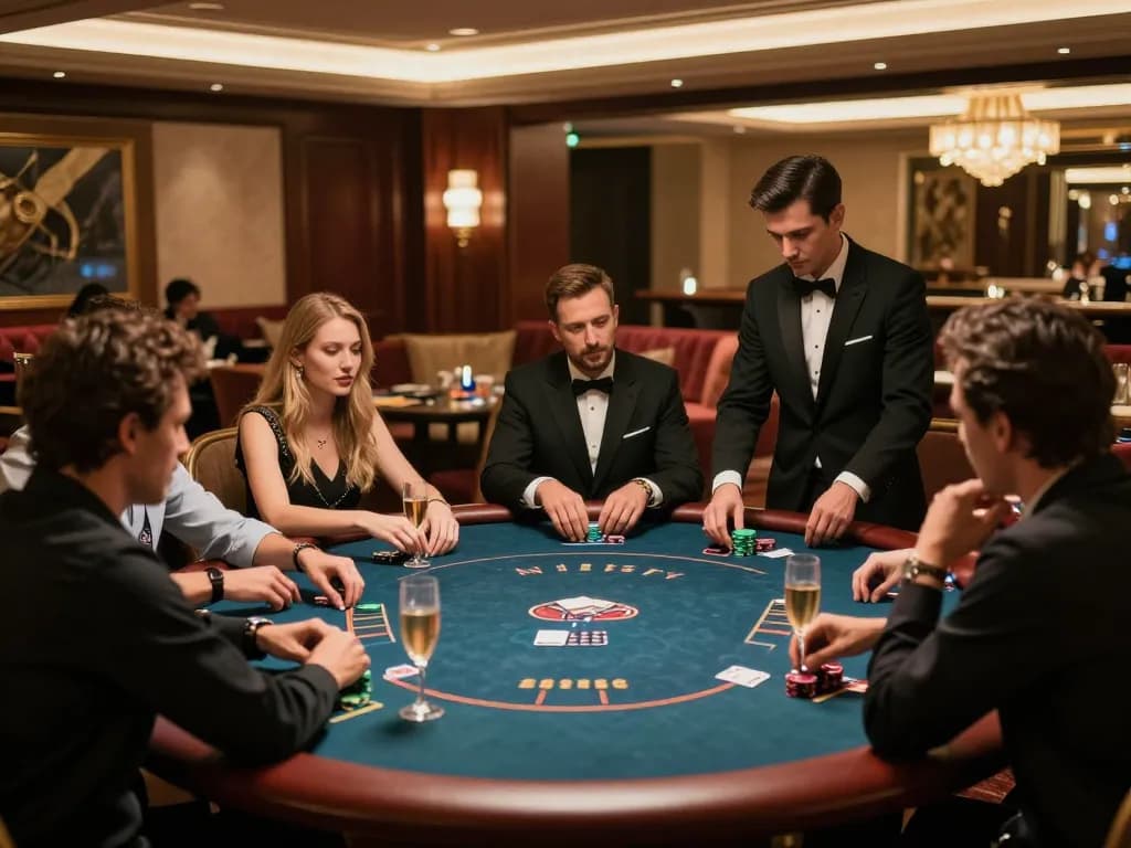 jmb88 players engaged in an intense poker game during a VIP casino night with elegant ambiance
