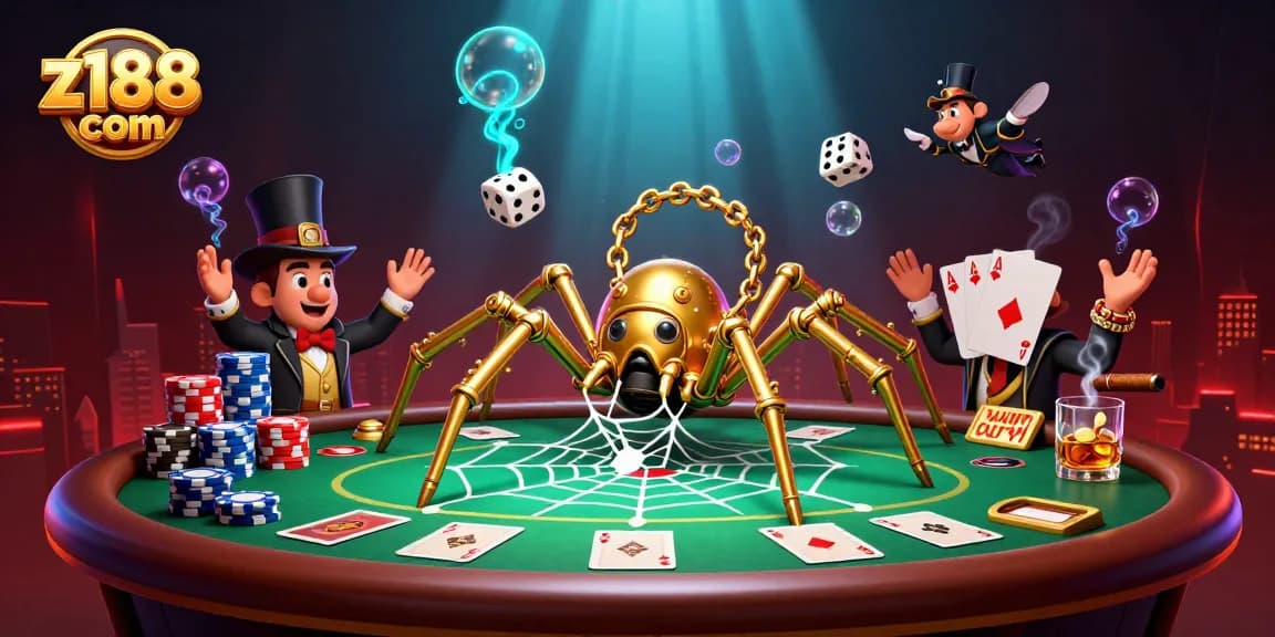 Engage with z188 com's thrilling casino atmosphere featuring a golden spider and poker elements.