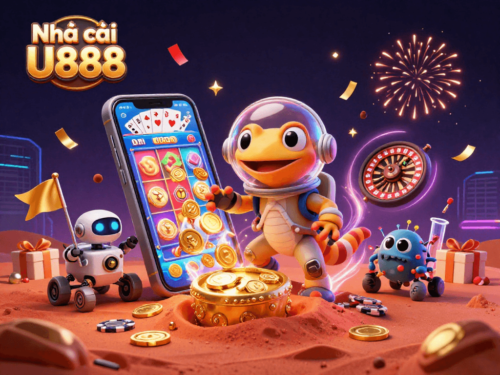 Experience thrilling gaming adventures at Nhà cái U888 with Martian gecko and vibrant slot games illuminating the scene.