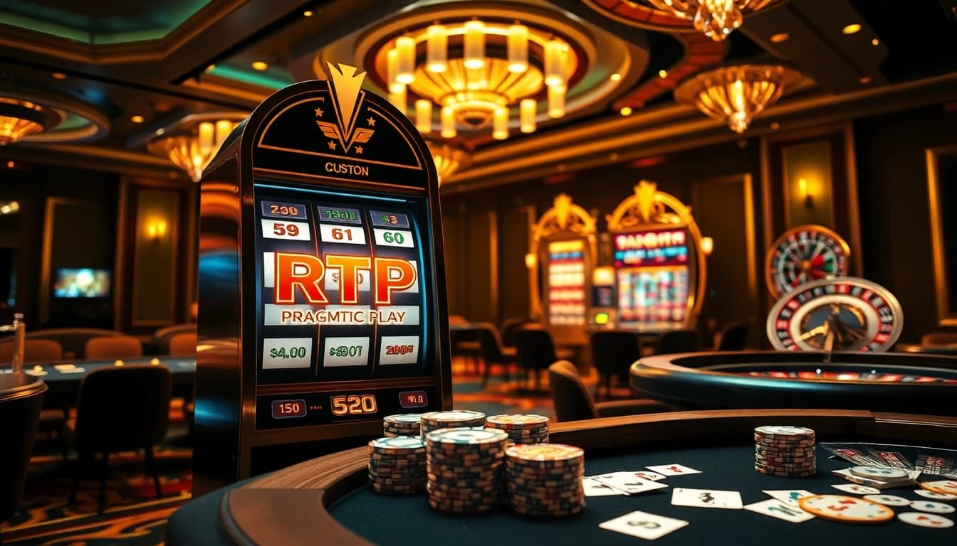 Exciting scene showcasing RTP Pragmatic Play slot machine with glamorous casino elements.