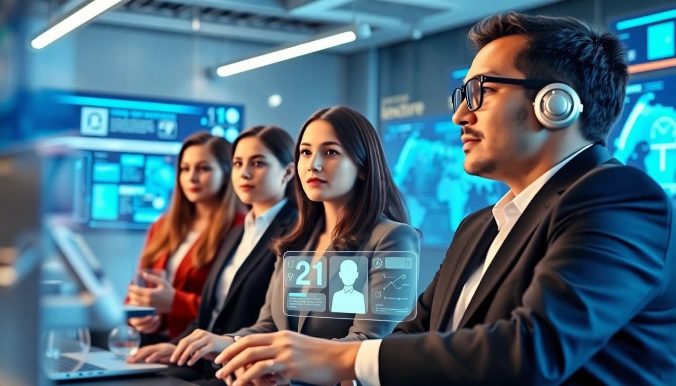 Streamlined AI Interviews showcasing candidates and advanced technology in a modern setting.