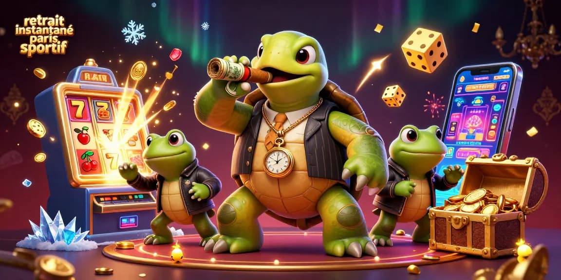 Retrait instantané paris sportif : illustration dynamique avec tortue cartoonesque et éléments de jeu scintillants.