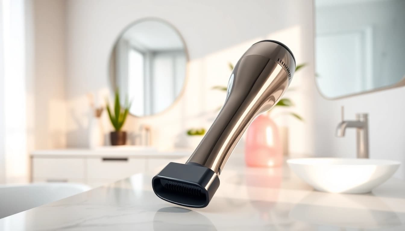 Using an ionic blow dryer for frizz-free, shiny hair in a well-designed bathroom setting.