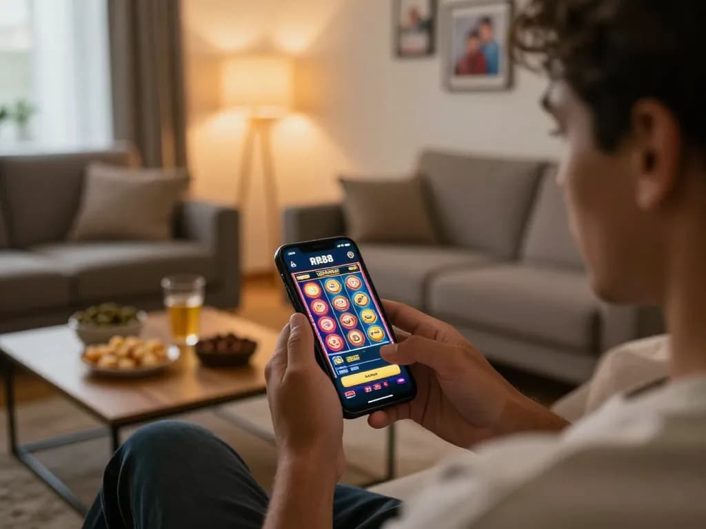 Engaging user enjoying the RR88 App for online gambling on a cozy couch with snacks nearby.
