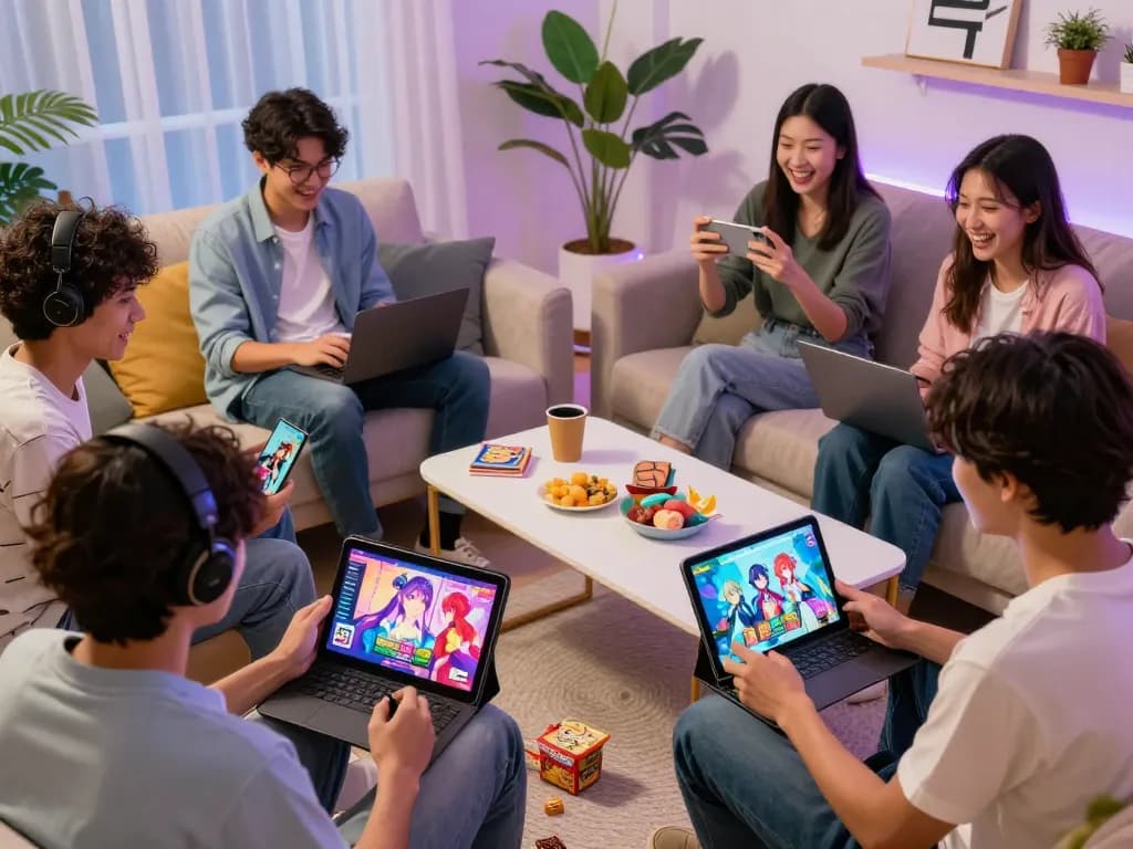 Exciting gaming scene highlighting diverse players enjoying free porn game on multiple devices in a cozy setting