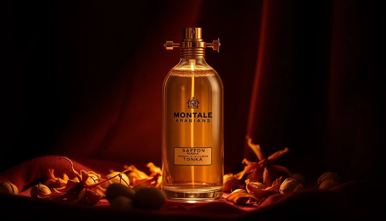 Showcasing the Montale arabians tonka fragrance bottle with saffron and tonka beans in an elegant setting.