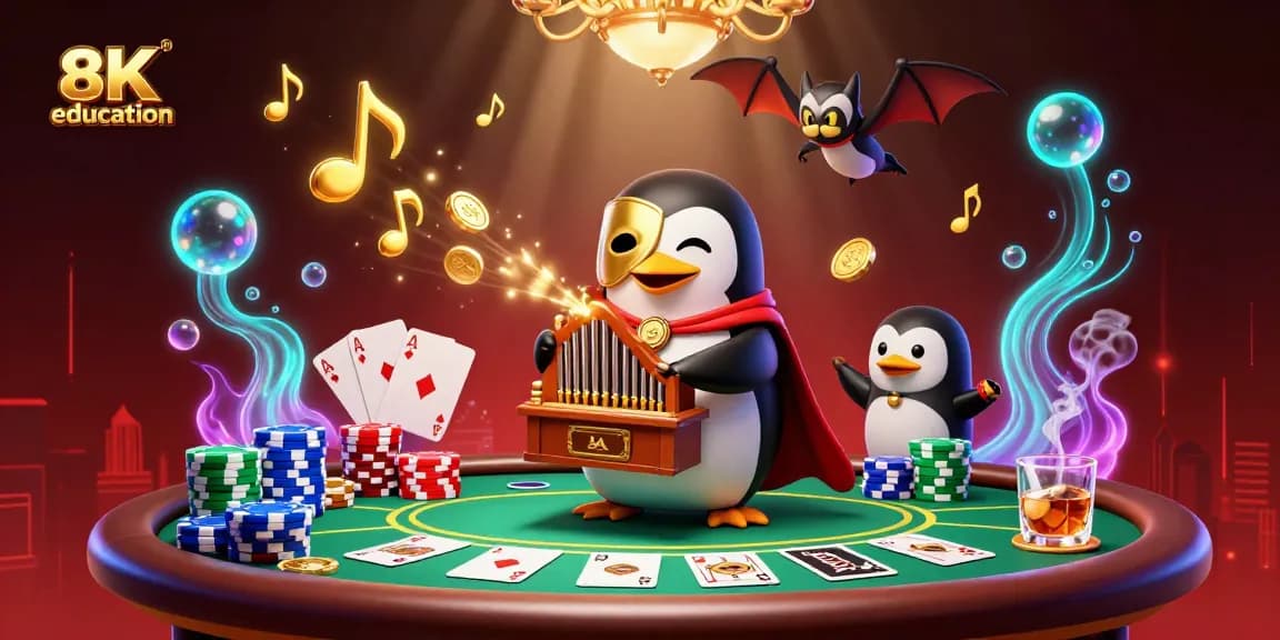 Engaging 3D illustration showcases an opera penguin’s thrilling education in poker, featuring poker chips and cards.