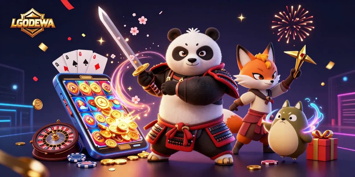 Spin to win with LGODEWA - samurai panda, ninja fox and magical tanuki in an exciting slot game scene