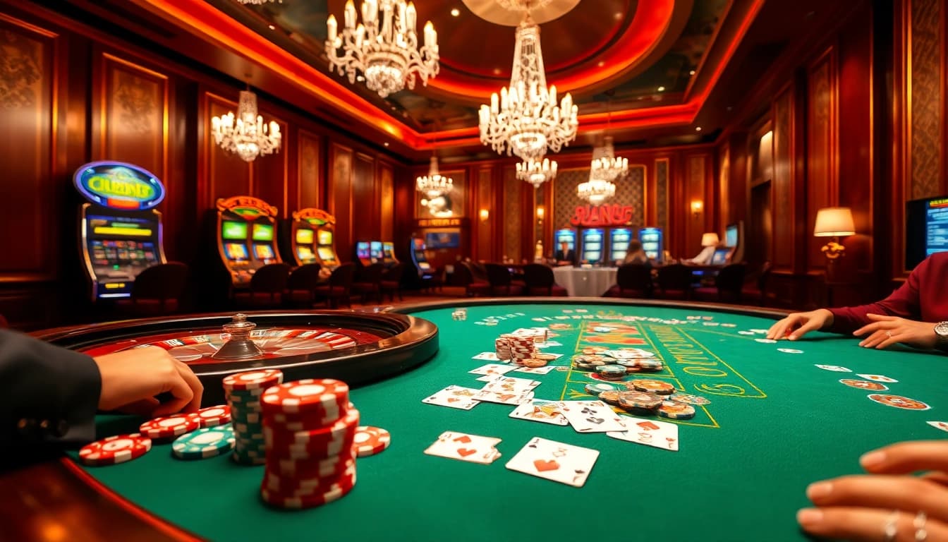 Engaged gamblers at a luxurious casino table as they play poker, inspired by 'Nếu như vậy bám vào đây'.