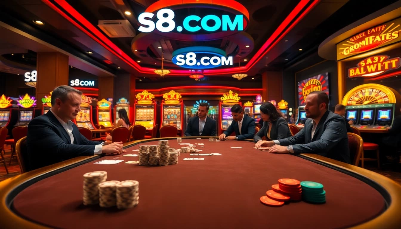 Exciting gameplay at S8.COM casino with vibrant poker table and colorful slot machines.