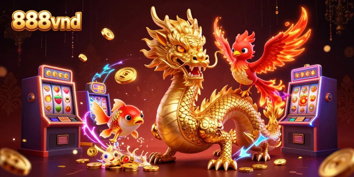 Experience thrilling wins at 888vnd with a golden dragon, phoenix, and koi fish amidst vibrant slot machines and coins.